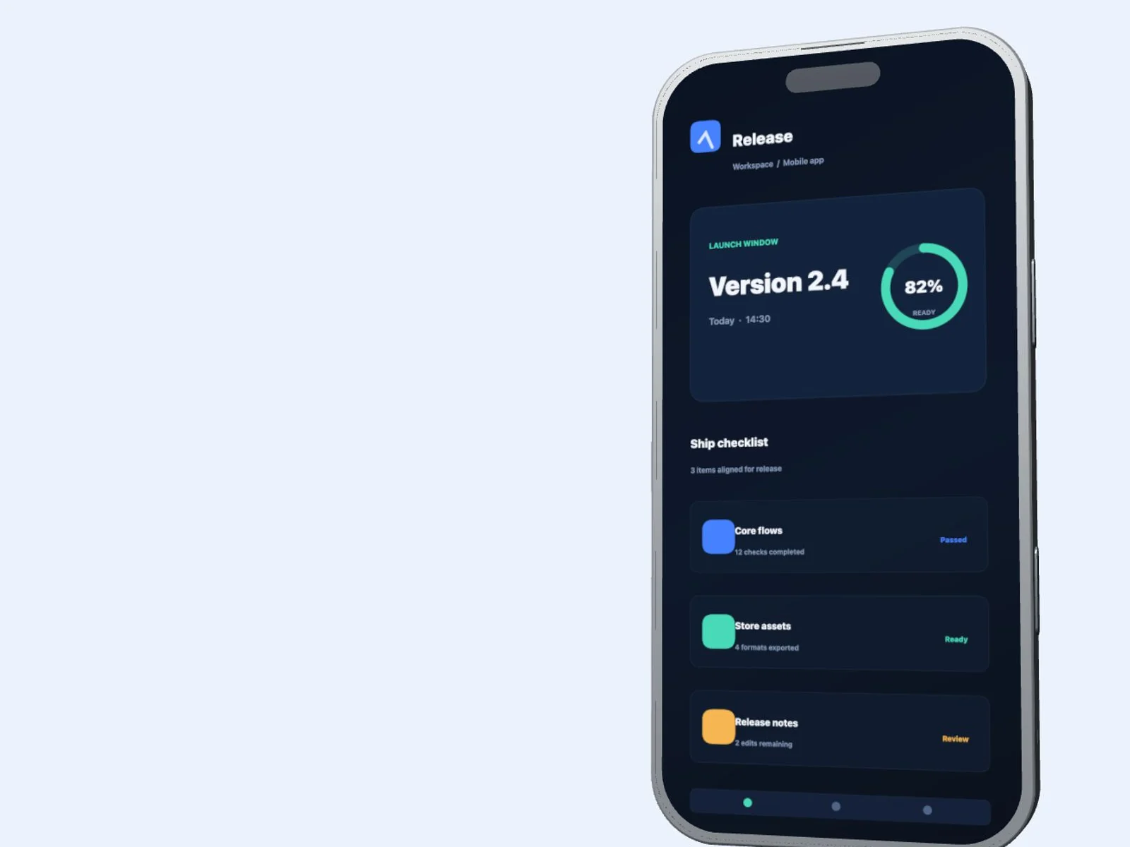 Illustrative demo of a finished three-dimensional phone mockup using a product dashboard screenshot