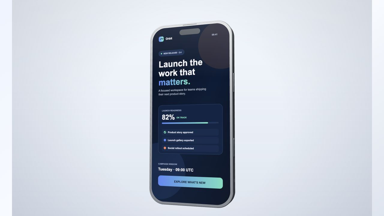Vertical phone app launch mockup showing a release readiness campaign inside a 3D phone render