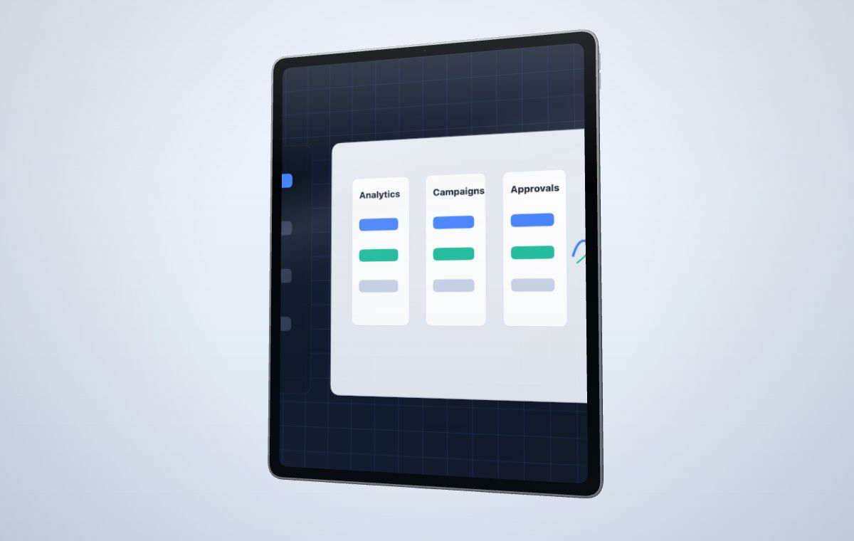 Pad dashboard mockup preview with analytics workflow board and campaign controls
