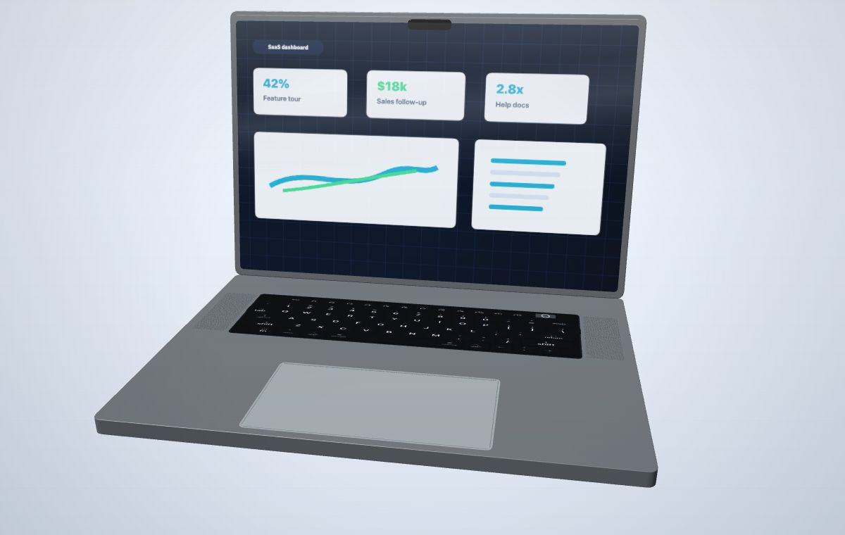Illustrative demo of a SaaS dashboard recording framed inside a three-dimensional laptop
